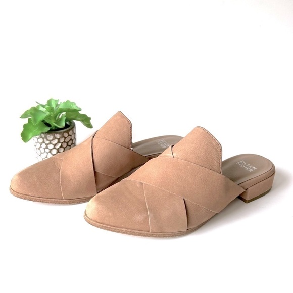 Eileen Fisher Bauer Tumbled Nubuck Mule Tan Leather Crisscross Flat Slide Size 6 - Picture 1 of 8